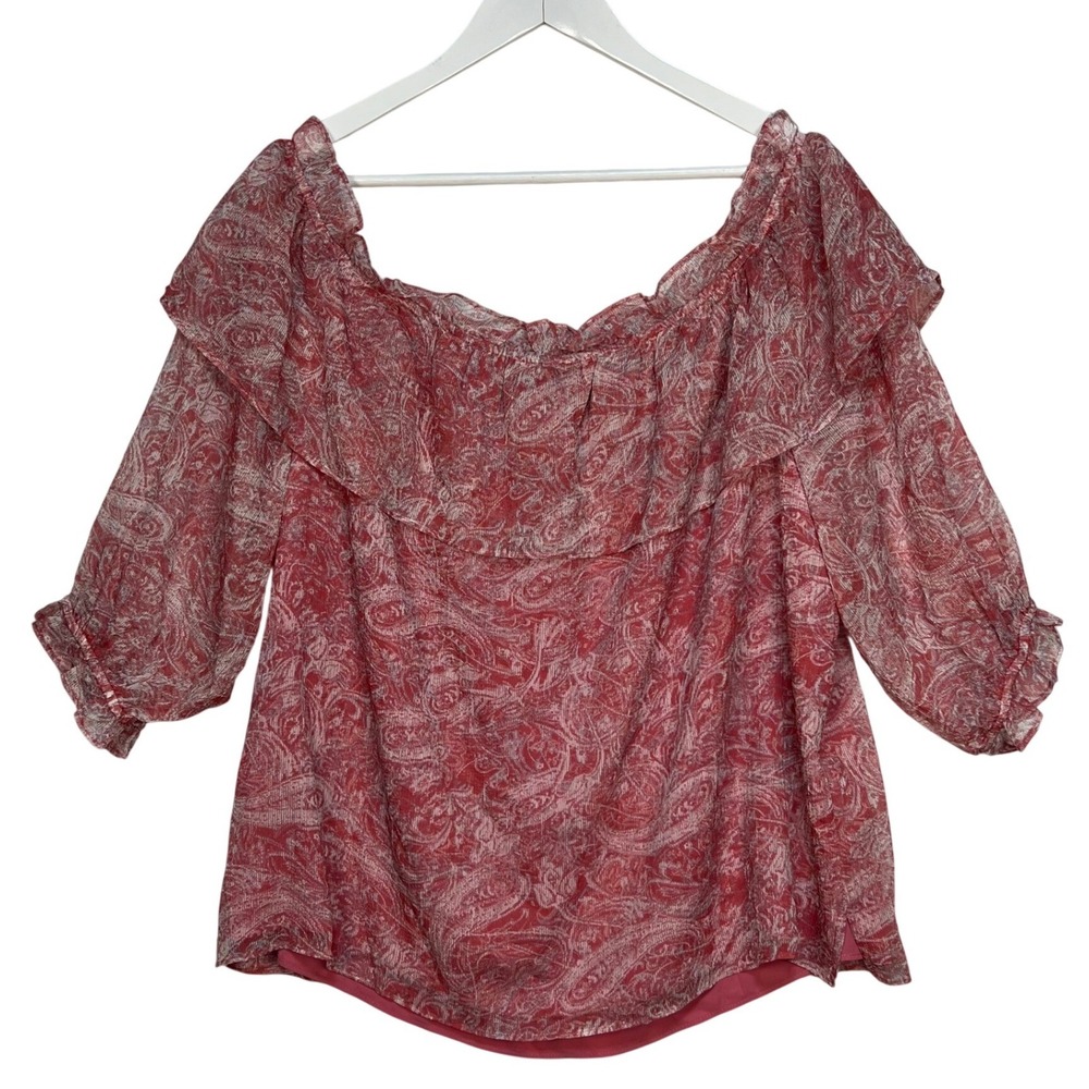 Vince Camuto Red Pink Paisley Blouse Women XL Off Shoulder Ruffle Top Boho Flowy